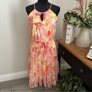 Alexa B Nites Floral Halter Dress in Pink and Yellow, sheer with lining Size 6/S
